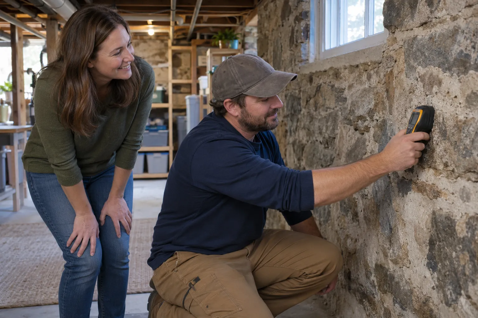 A friendly mold inspector checking a basement wall with a moisture meter in a Lindenhurst home