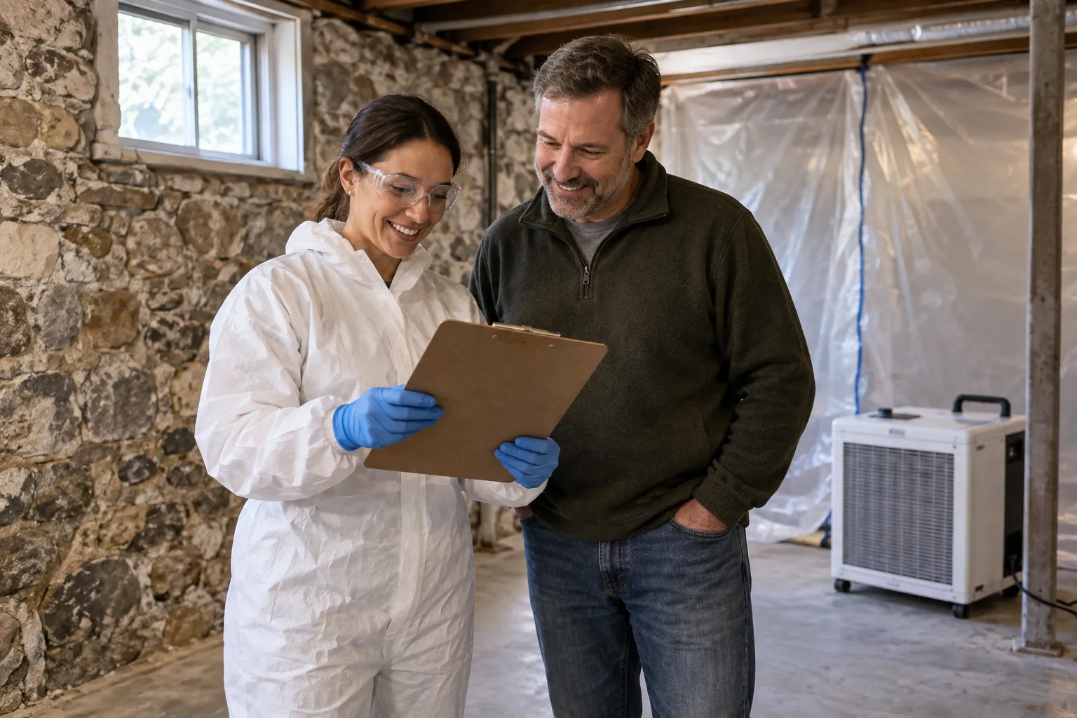 A friendly mold remediation provider talking with a homeowner in a basement near Lindenhurst